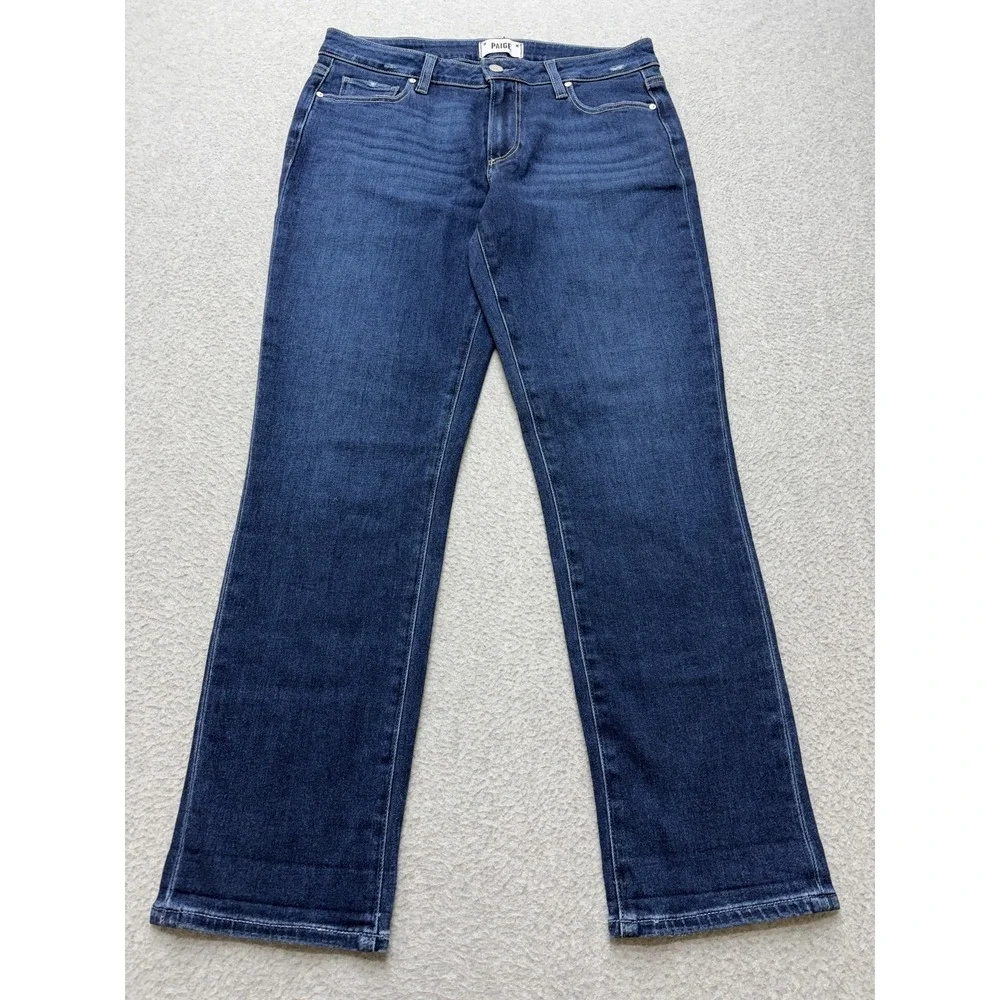 Paige Brigitte Straight Jeans Womens 27 Blue Dark Wash‎ Mid Rise Distressed